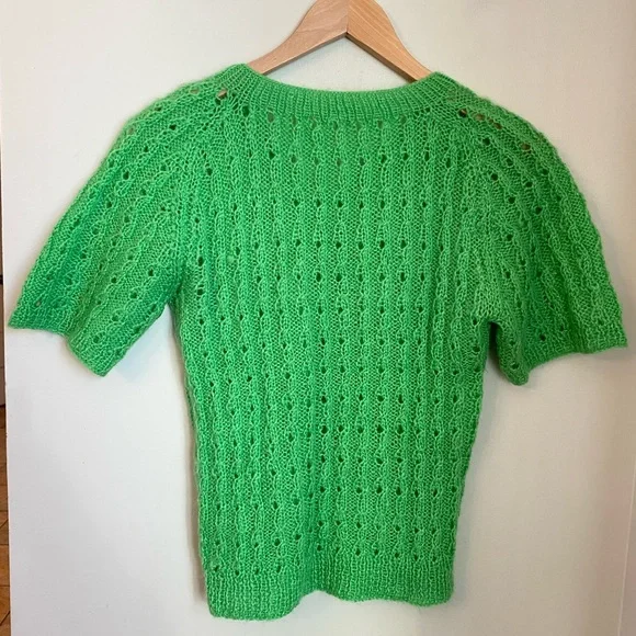 Green Open Knit Eyelet Short Sleeve V Neck Sweater Hand Knit S/M Cottagecore - Picture 5 of 9